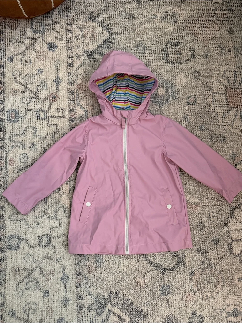Girls' Pink Hooded Raincoat with Striped Lining